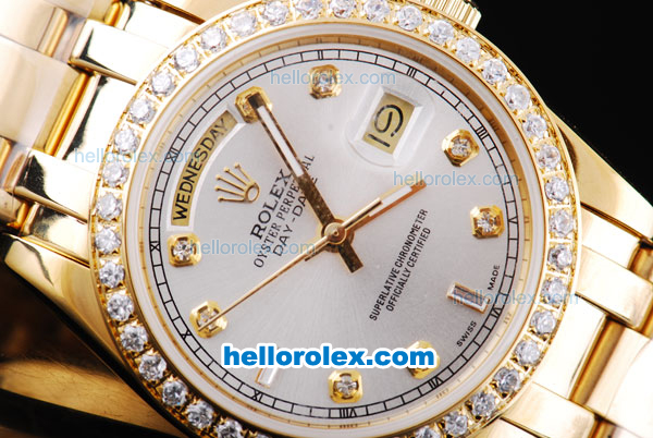 Rolex Day-Date Oyster Perpetual Automatic Full Gold with Diamond Bezel and White Dial - Click Image to Close